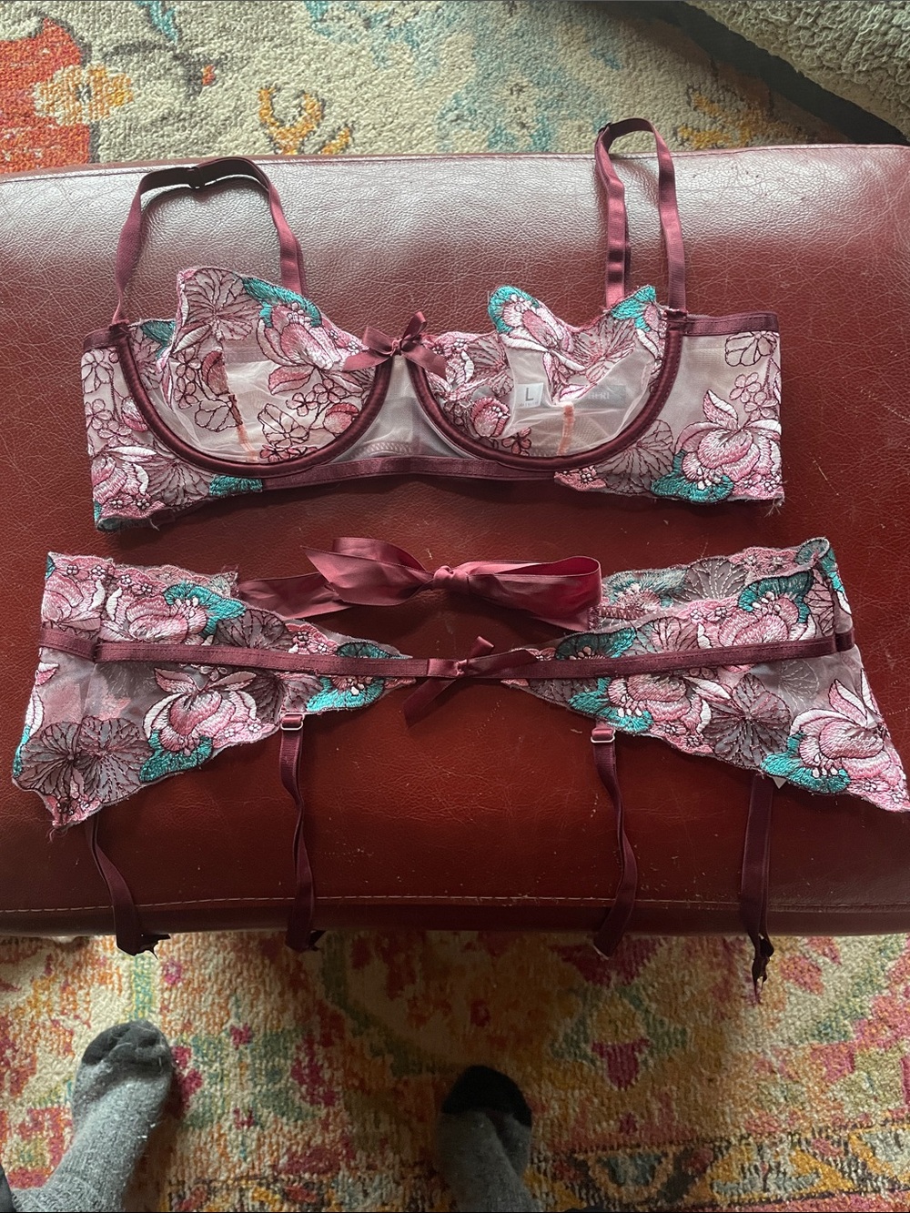 OH LA LA CHERI, PARIS Sheer Floral Embroidered Bra & Garter Set, Size L